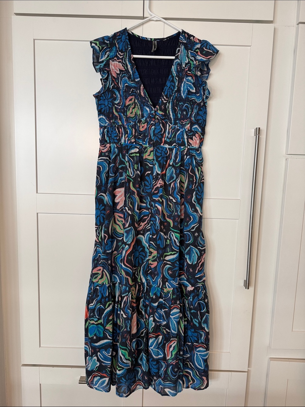 Anthropologie Navy Multicolor Floral Maxi Dress with V-Neck